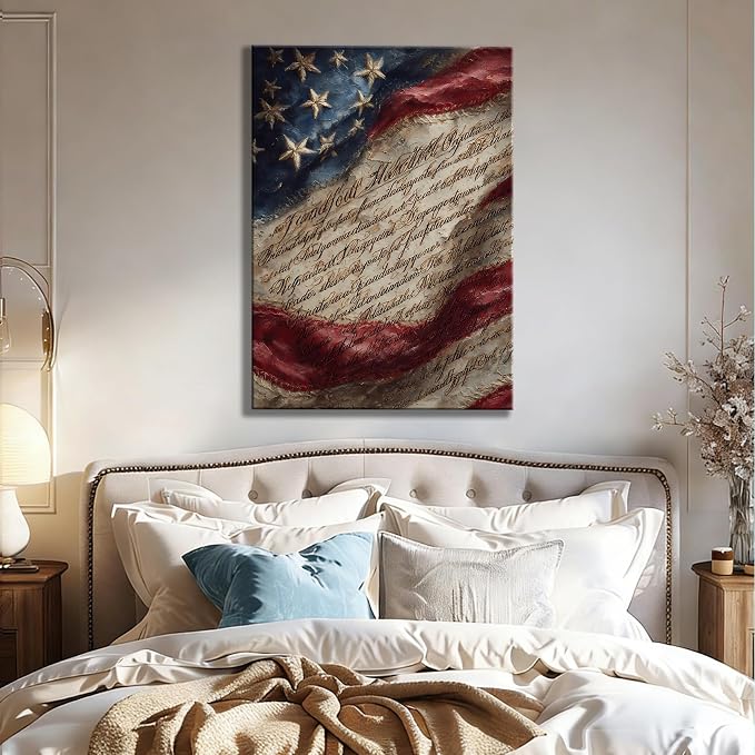RIBNTAK Vintage Americana Canvas Wall Art, Rustic American Flag and Constitution Pictures Patriotic Artwork for Farmhouse Decor, Independence Day Decorations for Living Room Bedroom Entryway