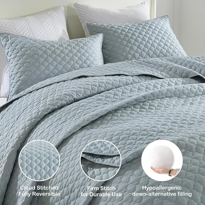 HORIMOTE HOME Quilt Queen Size Chambray Blue, Lightweight Quilts for Summer Ultra-Soft Microfiber Modern Style Quilted Clouds Pattern Bedspread Quit Set 3 Pieces(1 Quilt and 2 Pillow Shams)