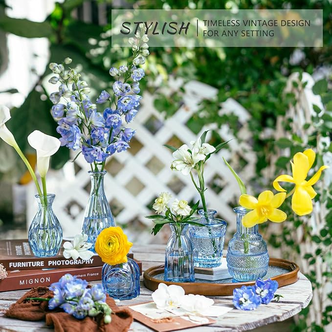 SUPMIND 16P Blue Glass Bud Vases, Small Flower Vases for Table Centerpieces | Cute Mini Vintage Vases in Bulk for Wedding Decoration, Baby Shower, Home Decor, Table Centerpieces