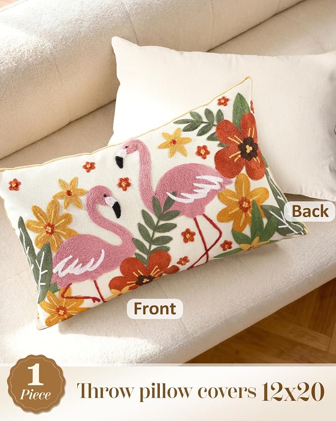 Embroidered Lumbar Pillow Cover 20x12 Inch - Summer Boho Decorative Pillow Cover with Zipper for Couch Sofa Living Room Cushion Pillowcase, Flamingos Floral