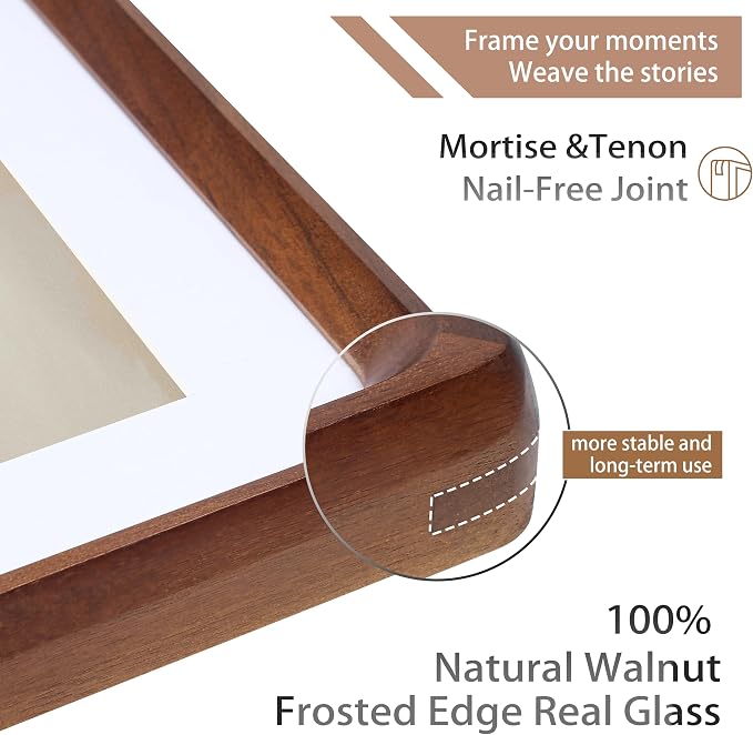 Square 6x6 Picture Frame with Mat for 4x4, USA-Sourced Natural Walnut Wood Handcrafted Rounded Corner with Real Glass, Vertical or Horizontal Display Photo Gallery Wall & Tabletop Frame