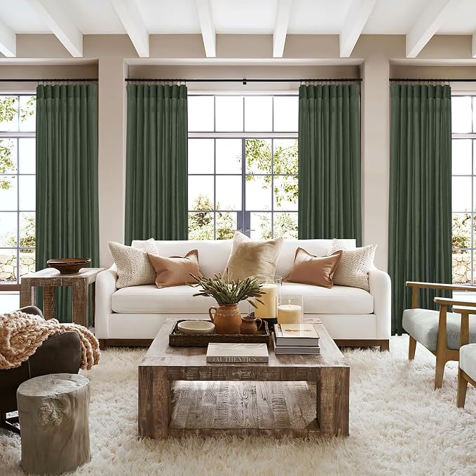RYB HOME Linen Sheer Curtains 2 Panels for Living Room, Semi Transparent Privacy Drapes with Rod Pocket Farmhouse Style Window Treatments for Bedroom, Hunter Green, 52" W x 95" L