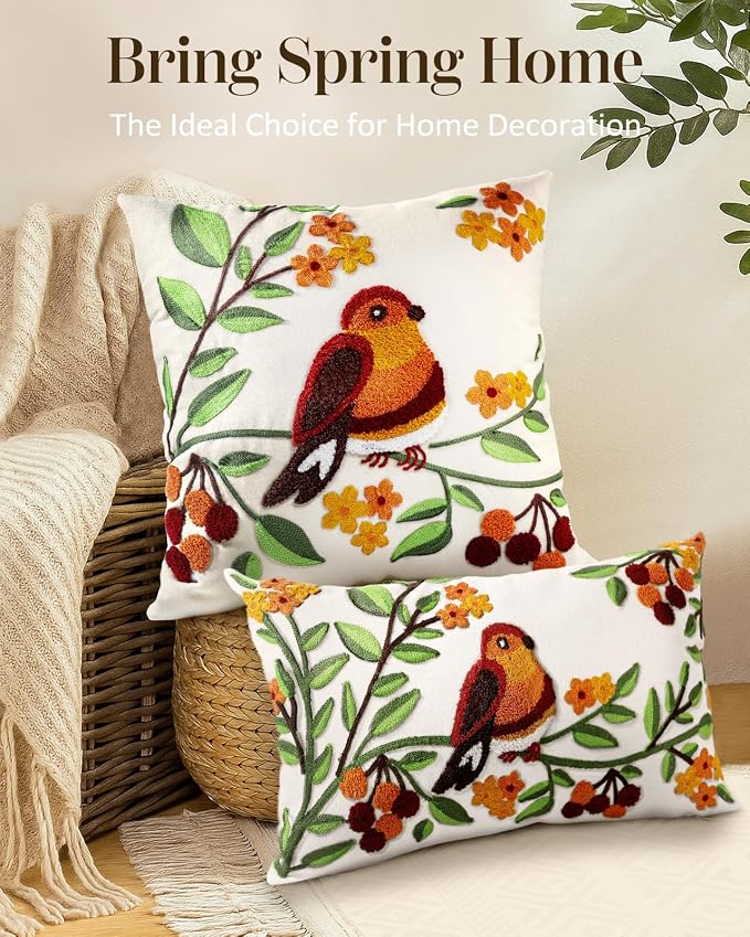 Embroidered Lumbar Pillow Cover - 20x12 Decorative Pillow Cover with Zipper Aesthetic Cute Design Boho Spring Summer Throw Pillowcase for Living Room Couch Sofa Bed, Tree Bird