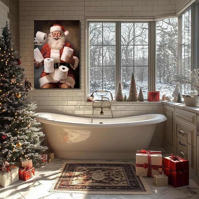 FLZYKGPA Funny Christmas Santa Bathroom Wall Art Prints 12x18in, Winter Christmas Santa Claus Posters Pictures Wall Decor for Shower Room Bathroom Washroom, Framed Ready to Hang
