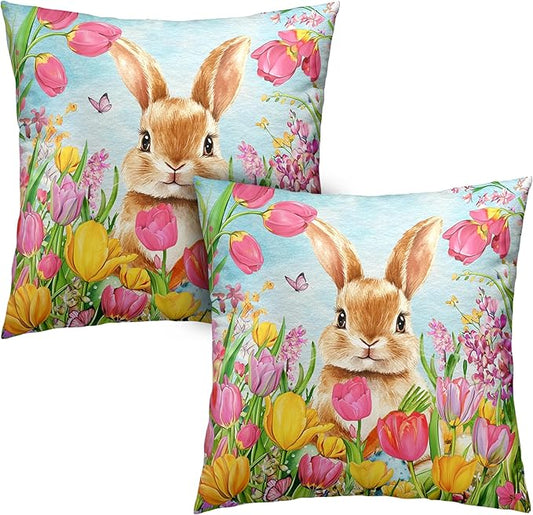 Easter Bunny Pillow Covers 18x18 Set of 2 Lovely Rabbit with Tulip Throw Pillow Covers Spring Pillow Case Floral Cotton Blend Cushion Case for Easter Decor Sofa Patio Garden