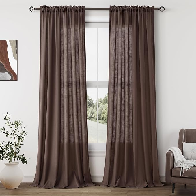 Coffee Linen Curtains 108 Inch Length for Living Room Bedroom 2 Panels Set Rod Pocket Light Filtering Semi Sheer Window Curtains 52 Inch Width Boho Farmhouse Linen Drapes, W52xL108