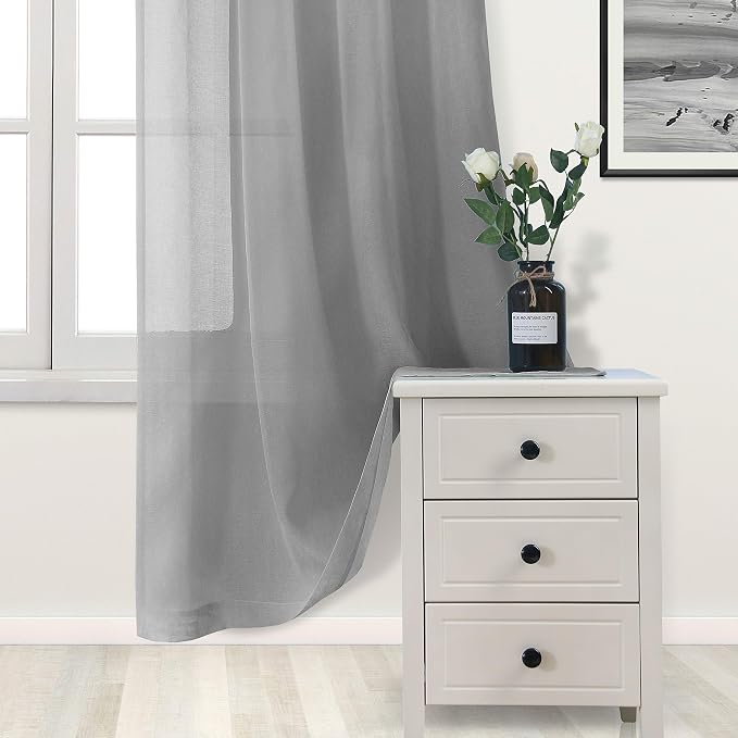 DWCN Grey Sheer Curtains for Living Room Bedroom - Faux Linen Look Voile Drapes Grommet Top Window Curtain Panel 46 x 54 Inch Length, Set of 2 Panels