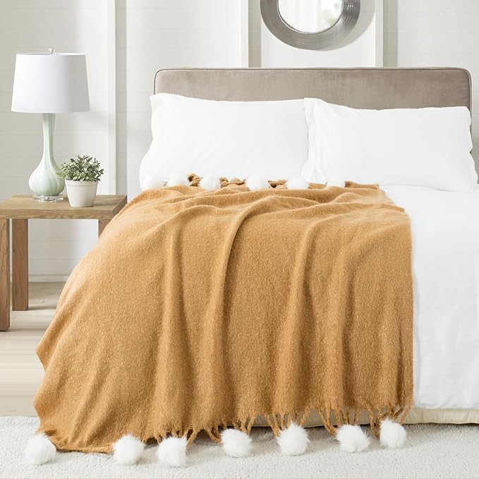 Camel Pom Pom Throw Blanket for Couch, 50"X60" Soft Lightweight Knitted Farmhouse Decorative Blankets for Bed and Sofa