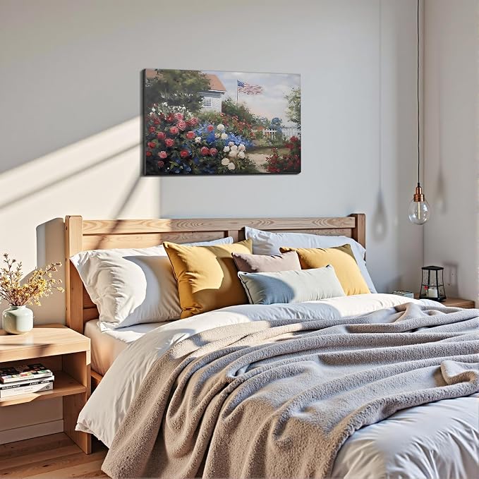 Framed American Flag Cottage Rose Garden Wall Art, Patriotic Floral Canvas Art Pictures, USA Flag Wall Decor for Living Room Bedroom Bathroom, Ready to Hang Made in USA