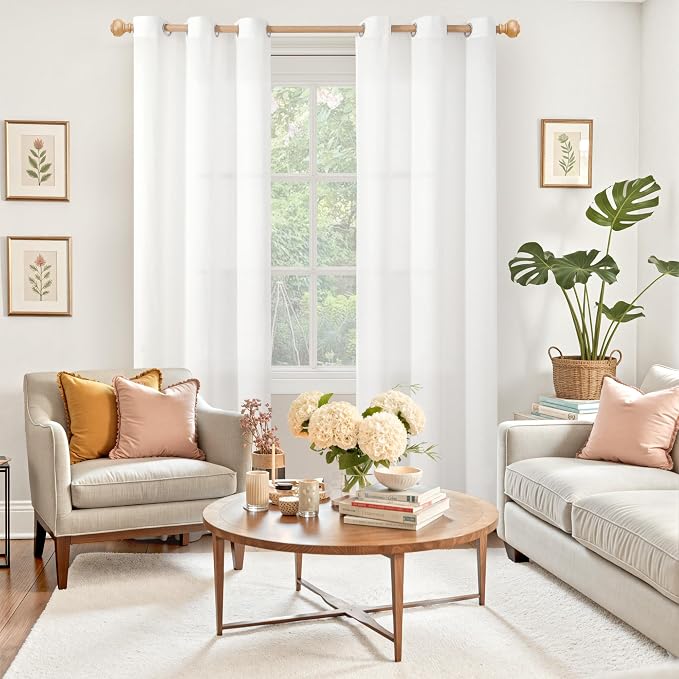 YoungsTex White Linen Curtains 84 Inch Length for Living Room - Textured Semi Sheer Drapes with Grommet Light Filtering for Bedroom Dining Room Lightweight, 2 Panels, 42 X 84 Inch