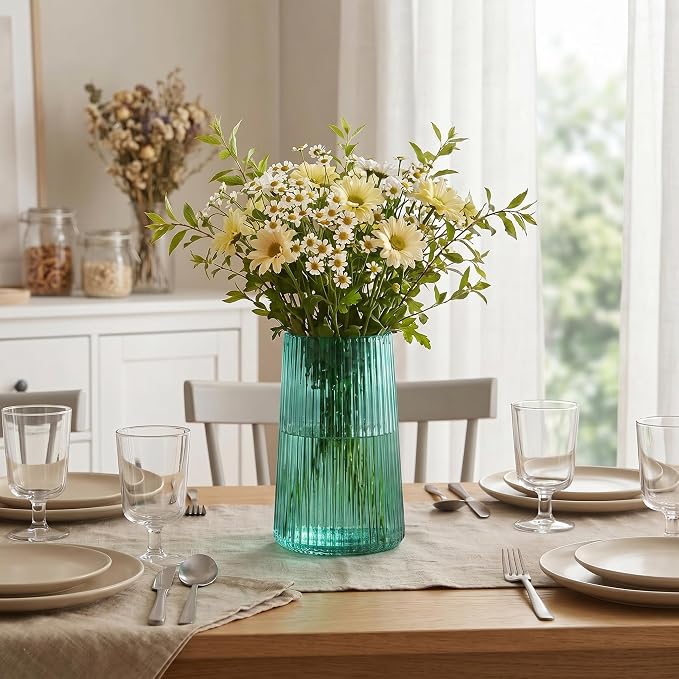 Green Glass Vase for Flower, Flower Vase for Bouquet, Modern Glass Vases, Ribbed Vases for Living Room, Bedroom, Dining Table, Office, Wedding, Centerpieces, 8 Inches