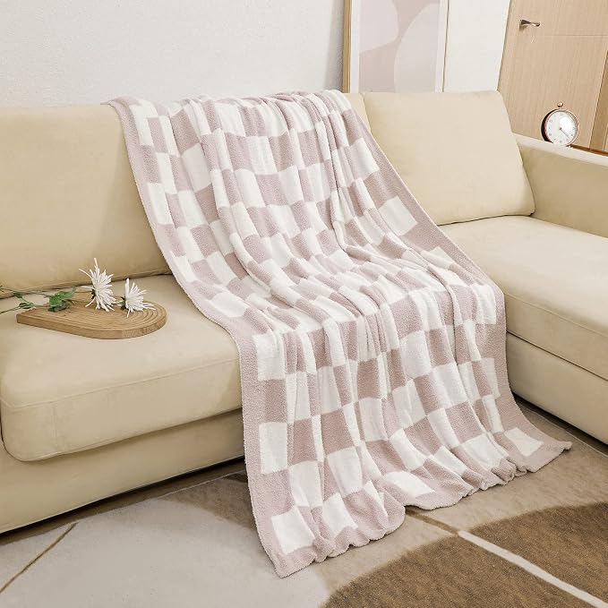bearberry Fuzzy Checkerboard Grid Throw Blanket Soft Cozy Warm Microfiber All Season Blanket Decor for Couch Sofa Bed Travel Home (Cream, 50''x60'') | Knitted Fluffy Checkered Comfort Home Decor Gift for Women Mom Her, Sofa Chair Bed, 50x60in, Cream