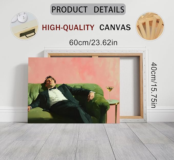 Vintage Man Canvas Wall Art Funky Victorian Men on Couch with Martini Picture Wall Decor Eclectic Cocktail Poster Trendy Bar Cart Decor Painting Print Artwork for Bar Kitchen Dining Room Decor, Framed
