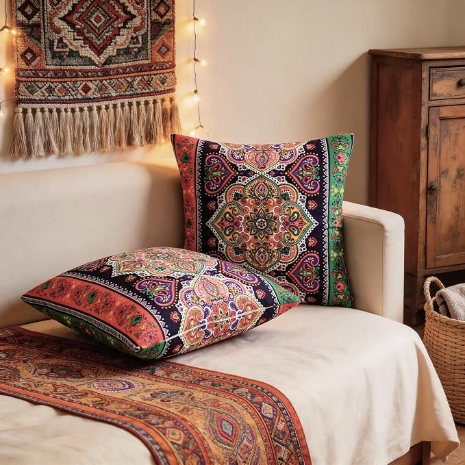 Ethnic Floral Pillow Covers 18x18 Set of 2 Boho Mandala Throw Pillows for Couch Vibrant Polyester Decorative Cushion Cases for Bedroom Living Room Patio Outdoor