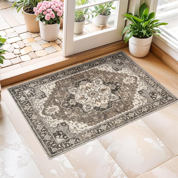 Washable Entryway Area Rug 2x3 - Small Entrance Rug Vintage Distressed Mat Oriental Non-Slip Non-Shedding Carpet Soft Thin Stain Resistant Indoor Floor Doormat for Bedroom Bathroom Kitchen (Beige,2x3)