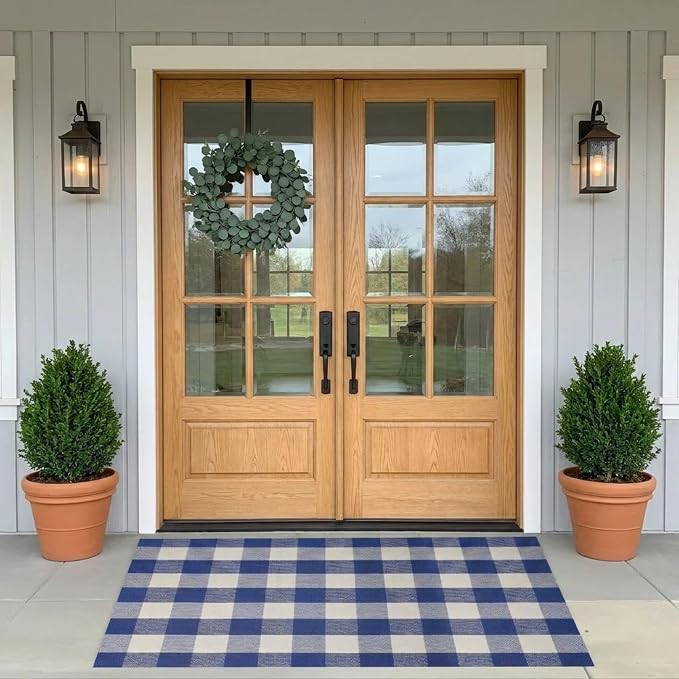 SEEKSEE Buffalo Plaid Outdoor Rug 3' x 5' Blue and White Front Door Mat, Layering Rug for Porch, Summer Doormat, Front Porch Rug for Outdoor Entrance Entryway Patio Porch Decor