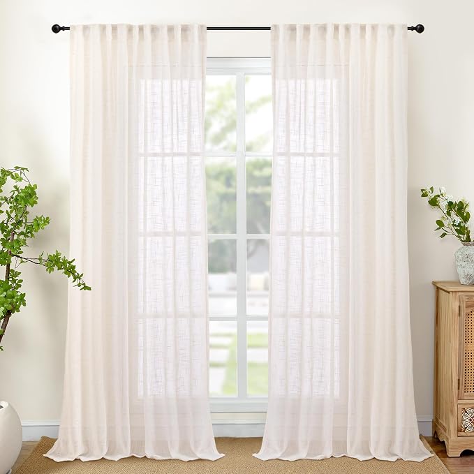 YoungsTex Extra Long Linen Curtains 102 Inch Length for Living Room - Semi Sheer Drapes Light Filtering with Rod Pocket Back Tab Rustic Lightweight for Bedroom Windows, 2 Panels, 52 X 102 Inch