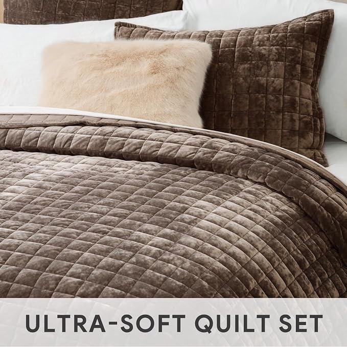 RECYCO Velvet Quilt Set, Oversized California King 118"x106", Walnut Brown | Channel Box Stitch Velvet Comforter Set, Ultra Soft Lightweight Bedspread Coverlet, All Season Bedding Set, with 2 Shams