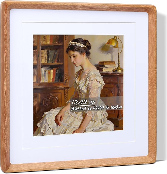 Square 12x12 Picture Frame with Mat for 8x8/10x10, USA-Sourced Natural Teak Wood Handcrafted Rounded Corner with Real Glass, Vertical or Horizontal Display Photo Gallery Wall Mounting Frame