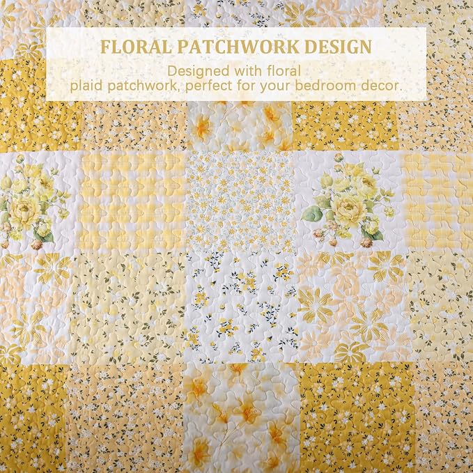 Mybedsoul Boho Quilts Queen Size, Patchwork Reversible Bedding Set, Yellow | Soft Lightweight Microfiber Floral Coverlet Set, 3 Pieces Plaid Bedspread, Bed Sets for All Seasons 96"x90"