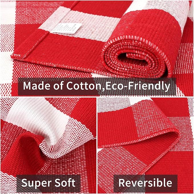 Buffalo Plaid Area Rug, Checkered Rug 3x5 Ft, Red and White Rug, Washable Cotton Mat for Front Porch, Entryway, Kitchen, Living Room, Christmas Decor