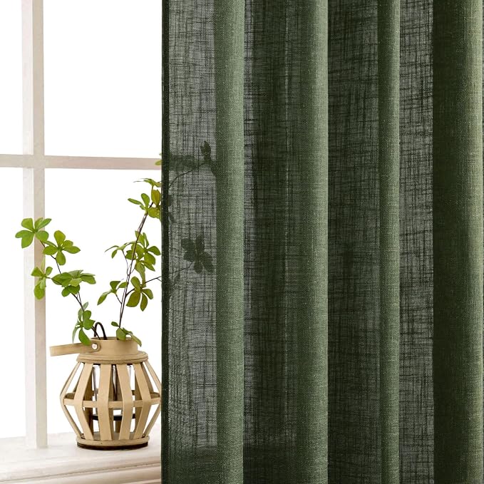 MIULEE Olive Green Linen Curtains 52x84 Inch Length for Bedroom Living Room | Soft Thick Linen Textured Window Drapes, Semi Sheer Light Filtering, Back Tab Rod Pocket,Burlap Look Christmas Decor，2 Panels