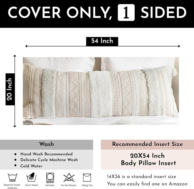 BlissBlush 20X54 Oversized Large Lumbar Pillow Cover for Bed, Rectangular Long Decorative Throw Pillowcase, Cotton Boho Accent Cushion with Tufted Pattern and Tassels, Cream Beige Neutral (Cover Only)