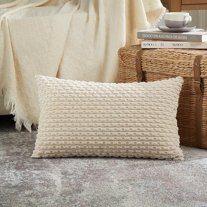Fancy Homi 2 Packs Tan Decorative Throw Pillow Covers 12x20 Inch for Couch Bed Sofa, Modern Farmhouse Boho Home Decor, Soft Cute Plush Corduroy Cushion Case 30x50 CM