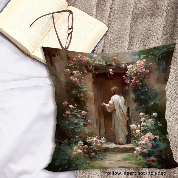 Christian Jesus Throw Pillow Covers Gifts 18x18, Vintage Religious Decor Pillow Cases for Bedroom Living Room, Cottagecore Jesus Knocking Door Decorative Square Pillowcases for Couch Bed Sofa