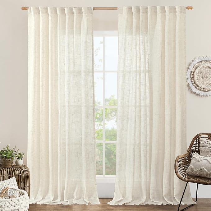 60 Inch Wide Linen Curtains 95 Inches Long Semi Sheer Panels | Natural Ivory Cream, Light Filtering, Faux Linen Textured, Drapes for Living Room, Bedroom, Rod Pocket Back Tab, 2 Panels