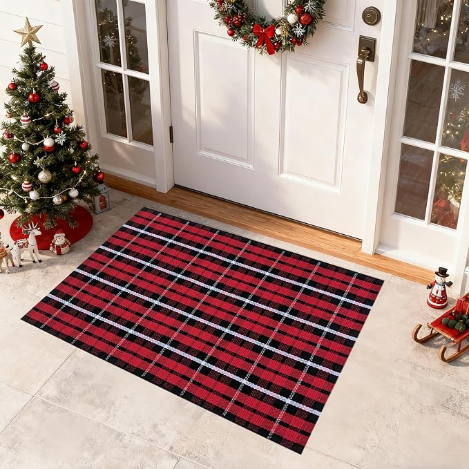USTIDE Red Black White Plaid Rug 28" x 43" Cotton Front Door Porch Entryway Christmas New Year Holiday Outdoor Decor Mat