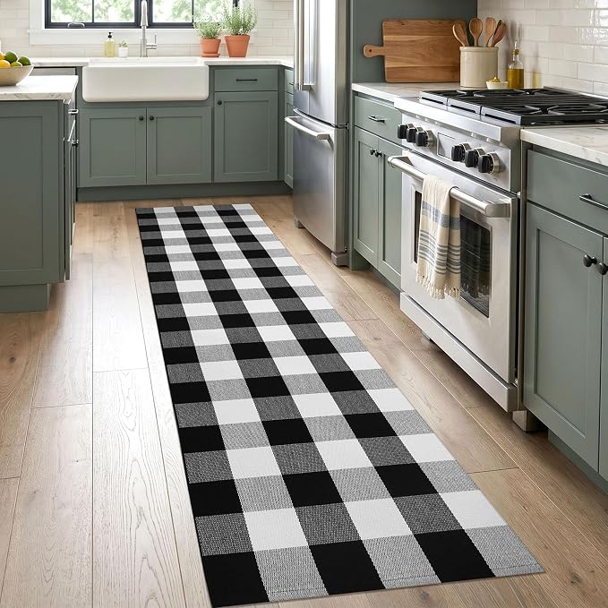 KOZYFLY Buffalo Plaid Rugs 2x8 Ft Runner Rug for Hallway, Black and White | Washable Kitchen Runner Rug, Woven Cotton Entryway Runner, Checkered Carpet Runners for Bedroom Living Room Farmhouse