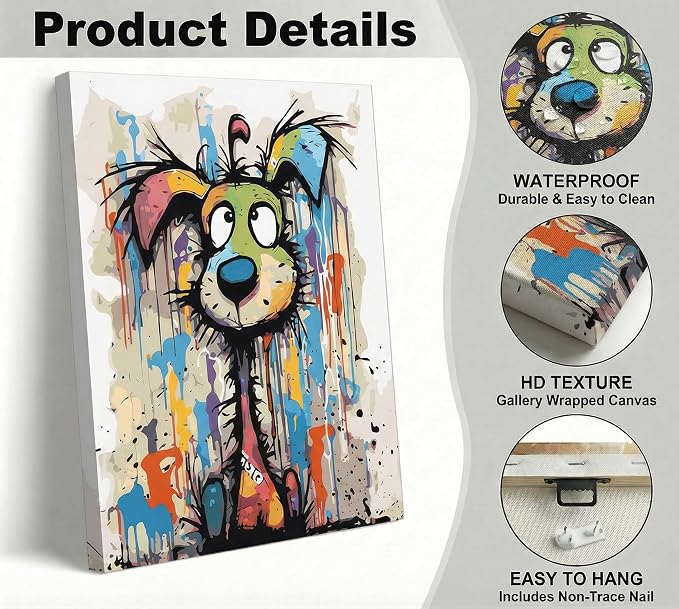 Colorful Graffiti Cartoon Dog Wall Art Fun Animals Wall Decor Picture | Vibrant Playful and Fun Cartoon Style Puppy Canvas Printing for Living Room Bedroom Artwork Home Decoration