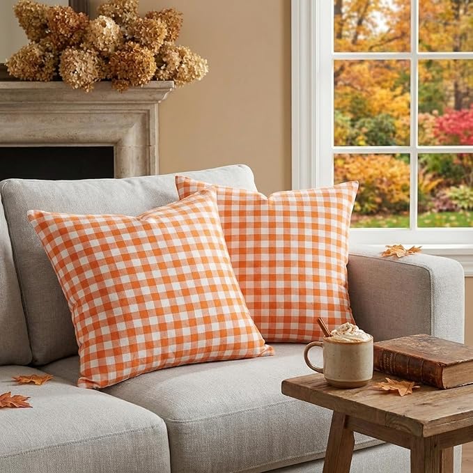 Burnt Orange Fall Gingham Plaid Pillow Covers 18x18 for Outdoor Porch Patio | Set of 2, Thanksgiving Autumn Pillow Cover 18 x 18, Farmhouse Pillow Covers, Aesthetic Fall Decor, Fall Front Porch Decor