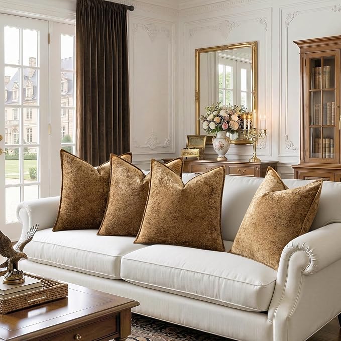 a moment Throw Pillow Covers 24X24 Inch 4 Packs,Soft Velvet Decorative Pillow Cases with 3D Ice Flower,Texture Modern Accent Cushion Covers for Sofa Couch Home Decor Golden Brown