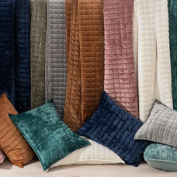 RECYCO Channel Box Stitch Velvet Quilt Set, Twin/Twin XL Size, Cream White | Ultra Soft Lightweight Velvet Comforter, Luxury Oversized Bedspread Coverlet, Quilted Bedding Set for All Season with 1 Sham