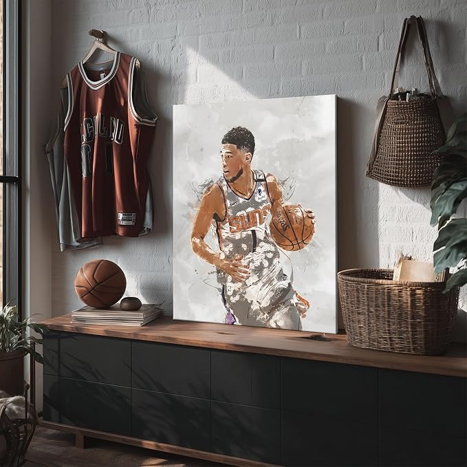 Devin Booker Basketball Canvas Wall Art, Sports Player Poster, 24x30 Inch | Abstract splash ink athletic artwork, motivational sports wall decor for teen boys room, bedroom, living room, gym or office