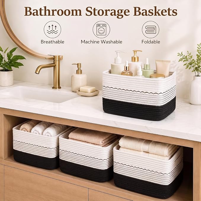 OIASKET 4 Pack Storage Baskets for Organizing, 13"X9"X7.87", Decorative Cotton Rope Baskets for Shelves, Small Woven Basket for Toys, Books and Towels, Black & White