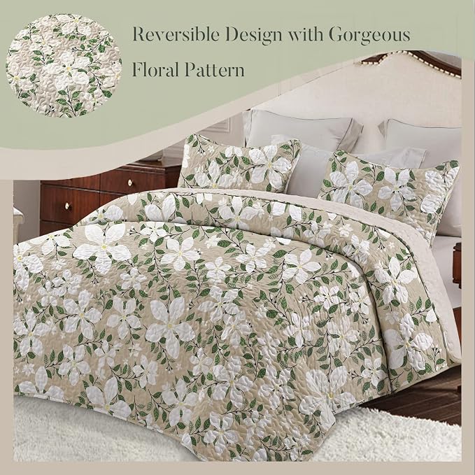 Whale Flotilla Patchwork Quilt King Size, Extra Soft Floral Leaf Bedspreads | Reversible Lightweight King Quilt Bedding Set for Bed, White Bone Printed Coverlets with 2 Pillow Shams for All Seasons