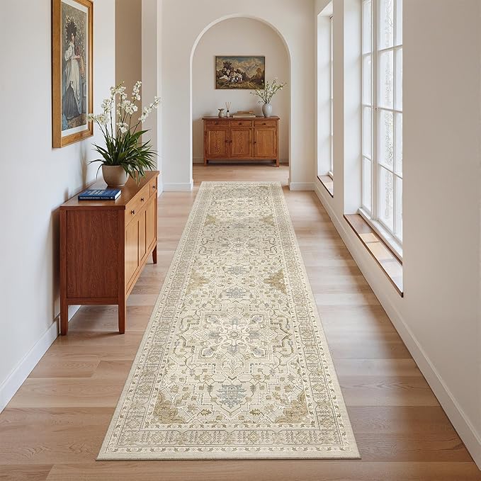 Madane Hallway Runner Rug 2x8 Washable Kitchen Rugs Non-Slip, Beige/Blue | Vintage Machine Washable Low-Pile Floor Carpet 8ft, Soft Ultra-Thin Throw Entry Foyer Mat for Entrance Laundry Living Room