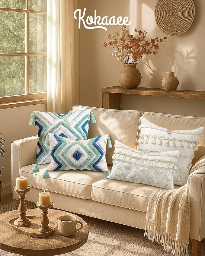 Lumbar Pillow Covers 12x20 - Tufted Boho Decorative Throw Pillow Cover with Zipper for Couch Sofa Bed Living Room Soft Aesthetic Farmhouse Textured Striped Oblong Pillowcase, Cream Tassel