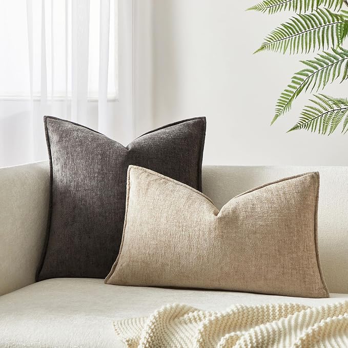 JUSPURBET Set of 2 Beige Chenille Lumbar Throw Pillow Covers 16x24 Inch Soft Textured Decorative Cushion Cases for Couch Sofa Bed Solid Home Decor Pillowcases