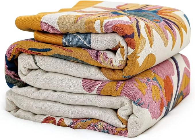 MSGKV Boho Throw Blanket 80"x90" 100% Cotton Muslin Floral Blanket for Bed | Cotton Floral Throw, Muslin Blanket, Summer Breathable, Travel Friendly, Lightweight Comfort, Home Decor, Machine Washable