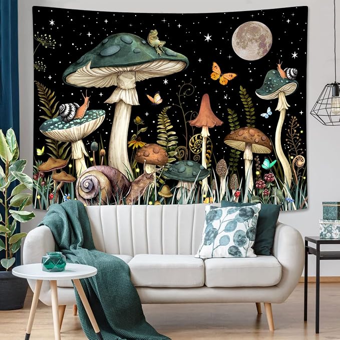 Zussun Green Mushroom Tapestry Moon Star Tapestries for Bedroom Aesthetic Starry Night Plant Tapastrys Wall Hanging Butterfly Snail Frog Wall Tapestry for Living Room Dorm (Dark, 90" x 68")