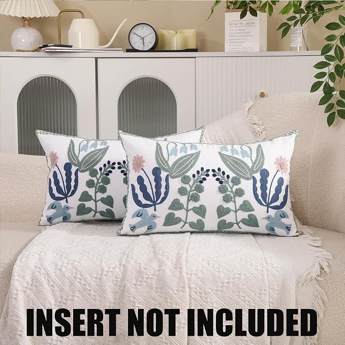 Embroidered Throw Pillow Covers 12x20 inch Set of 2 Blue Birds | Durable Fabric,Lumbar Pillow Cover,Boho Decorative,Hidden Zipper,Aesthetic Design,Ideal Gift,Machine Washable