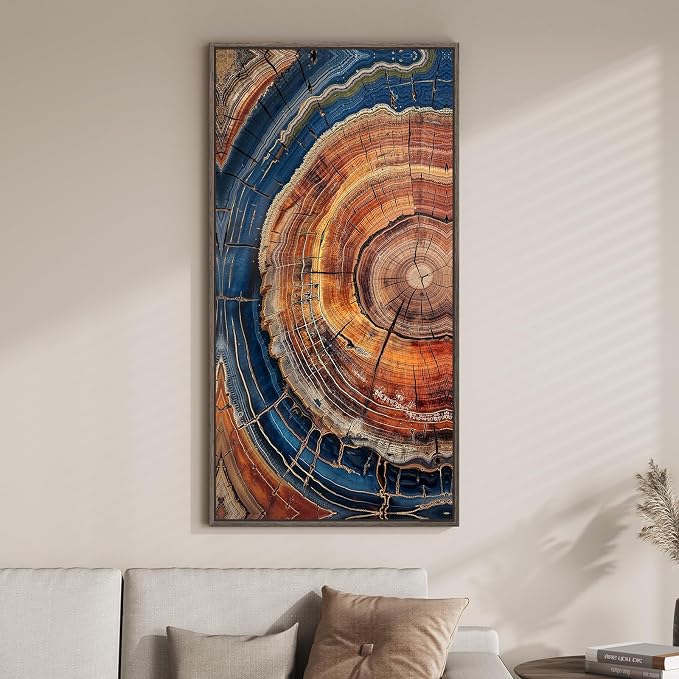 Framed Vertical Vintage Rustic Tree Ring Wall Art for Living Room, 20x40 In | Farmhouse, Nature, Rustic, Wood grain, Large, Office wall art, Foyer wall decor, Ready to hang, Wood frame, Canvas artwork