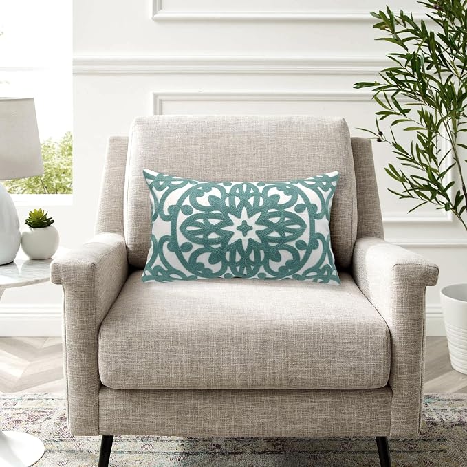 Alysheer Embroidered Lumbar Decorative Throw Pillow Cover 12"x 20", Classic Boho Mandala Embroidery Pattern Cotton Farmhouse Rectangular Cushion Case for Sofa Couch Living Room Bedroom(Dusty Blue)