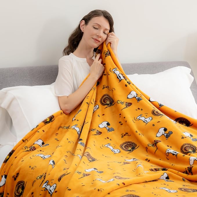 Berkshire Blanket Peanuts® VelvetLoft® Cute Character Snoopy Plush Blanket,Snoopy and Woodstock Fall Birds & Leafs Orange,King 90 in x 108 in (Official Peanuts® Product)