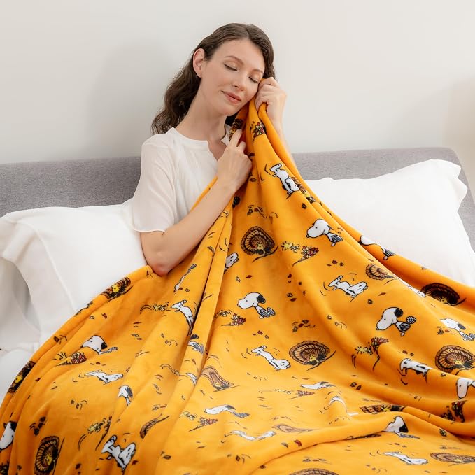 Berkshire Blanket Peanuts® VelvetLoft® Cute Character Snoopy Plush Blanket,Snoopy and Woodstock Fall Birds & Leafs Orange,Twin 60 in x 90 in (Official Peanuts® Product)