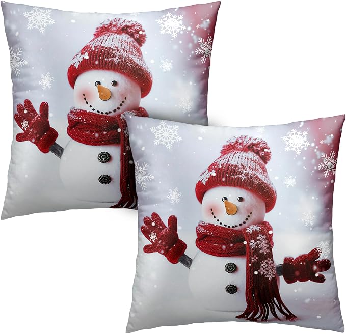 Red Snowman with Snowflake Throw Pillow Covers Snowman Pillow Covers 22x22 Set of 2 Christmas Winter Holiday Cushion Case for Couch Living Room Bedroom Sofa
